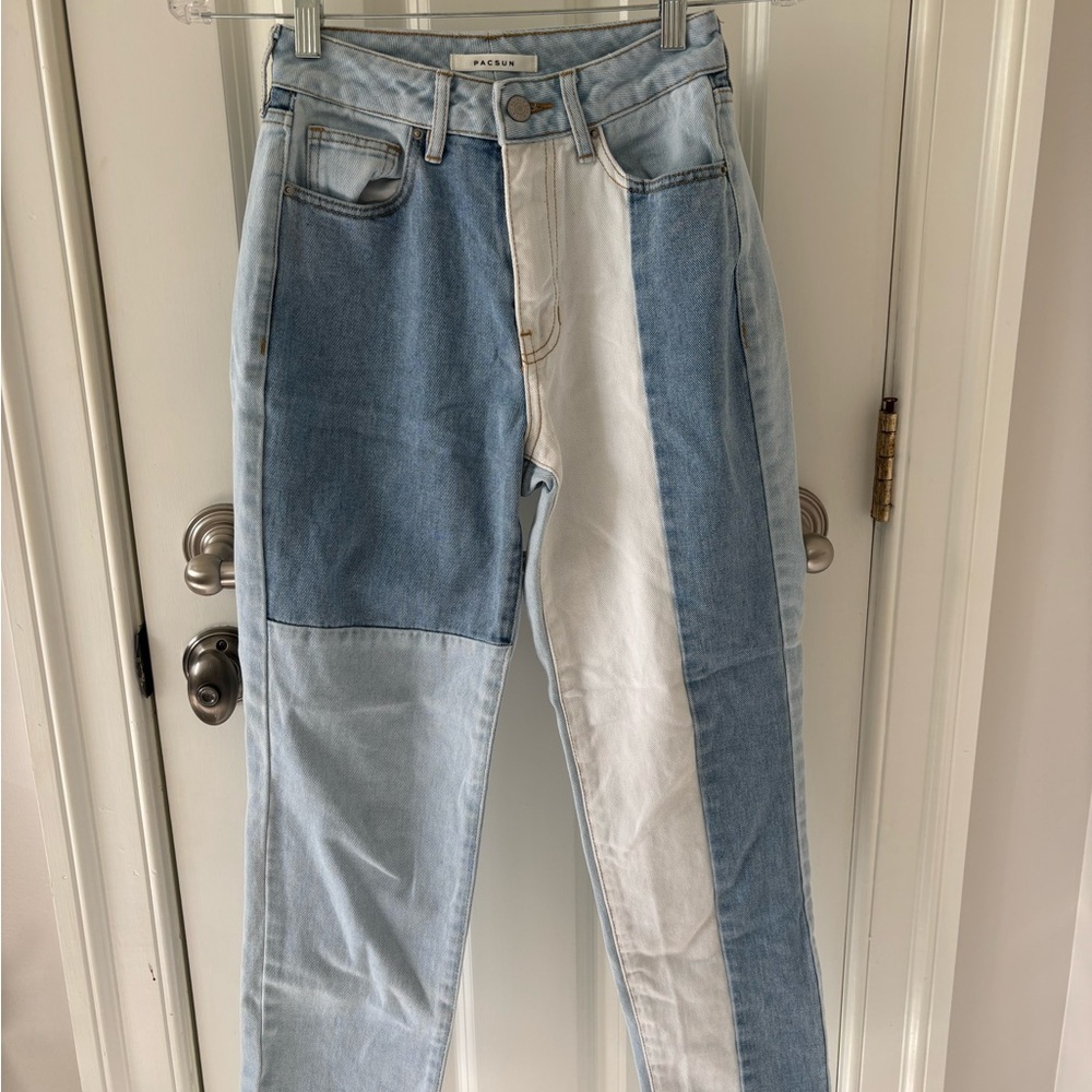PacSun Blue and White Straight Leg Jeans with Two-Tone Design